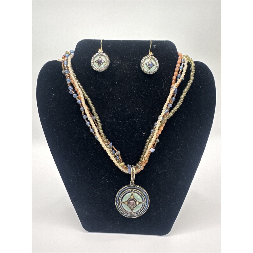 Vintage Avon 18", 5 Strands Multicolor Beads 2" Pendant With Matching Earrings